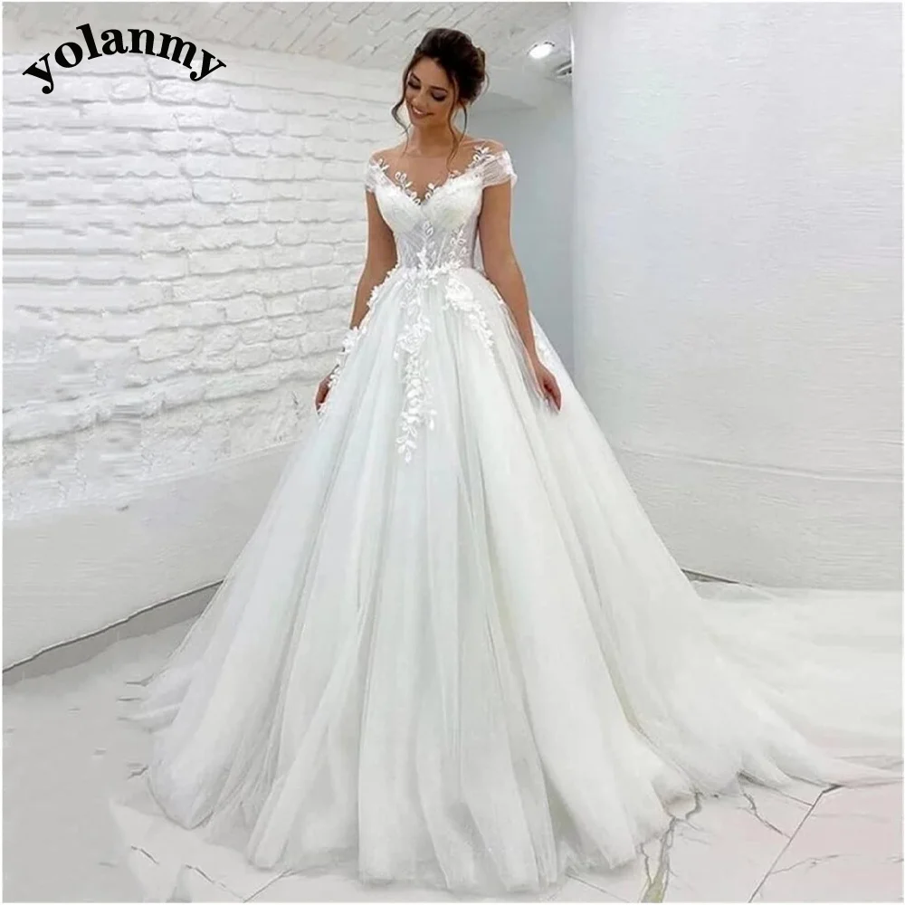 

YOLANMY zx414 Bohemian Wedding Dress For Women V-Neck Short Appliques Button Illusion Court Train Robe De Mariée Custom Made