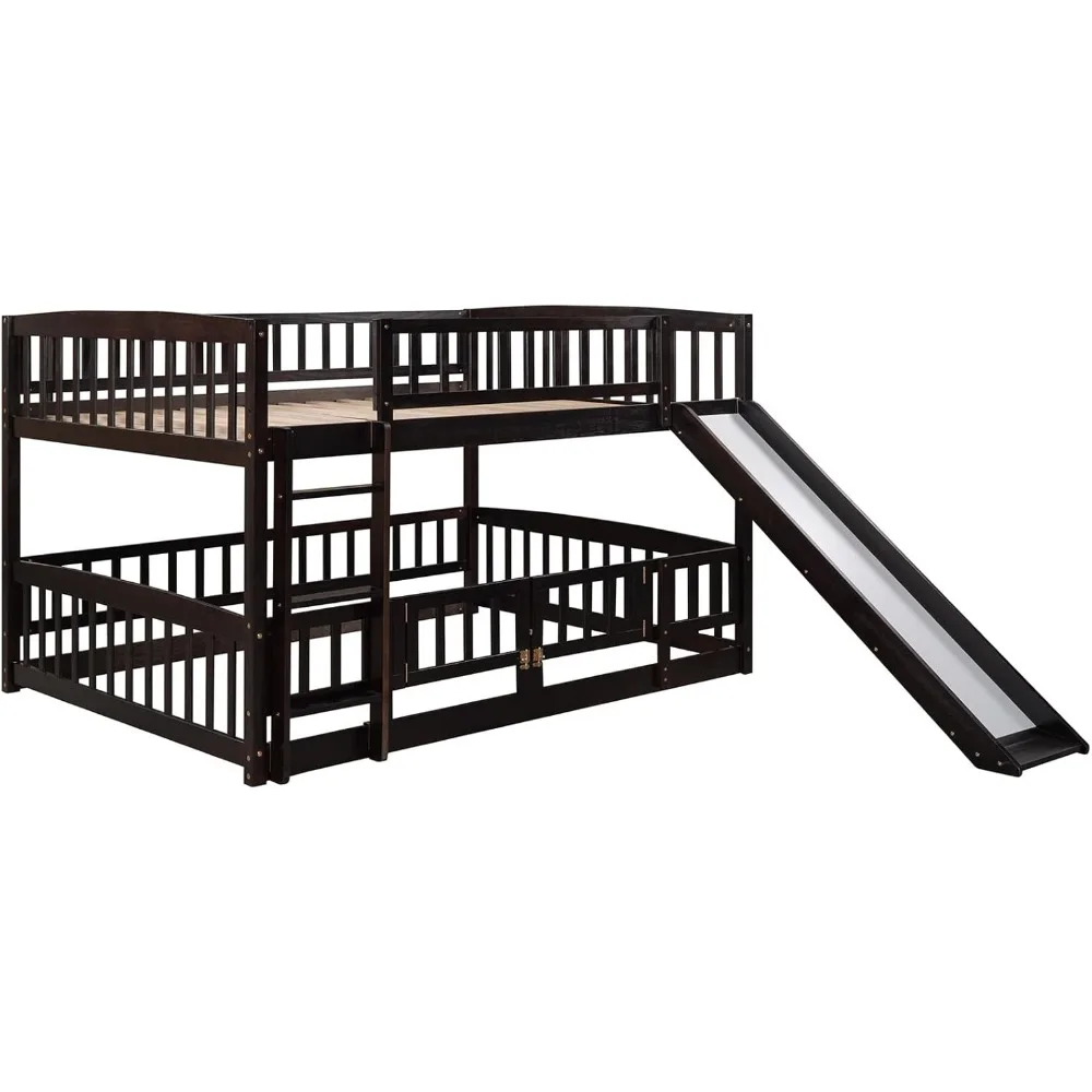 Full Over Full Low Bunk Bed with Slide and Fence Railings Wood Floor Bunk Beds with Ladder for Toddler Kids Boys Girls, Espresso 3
