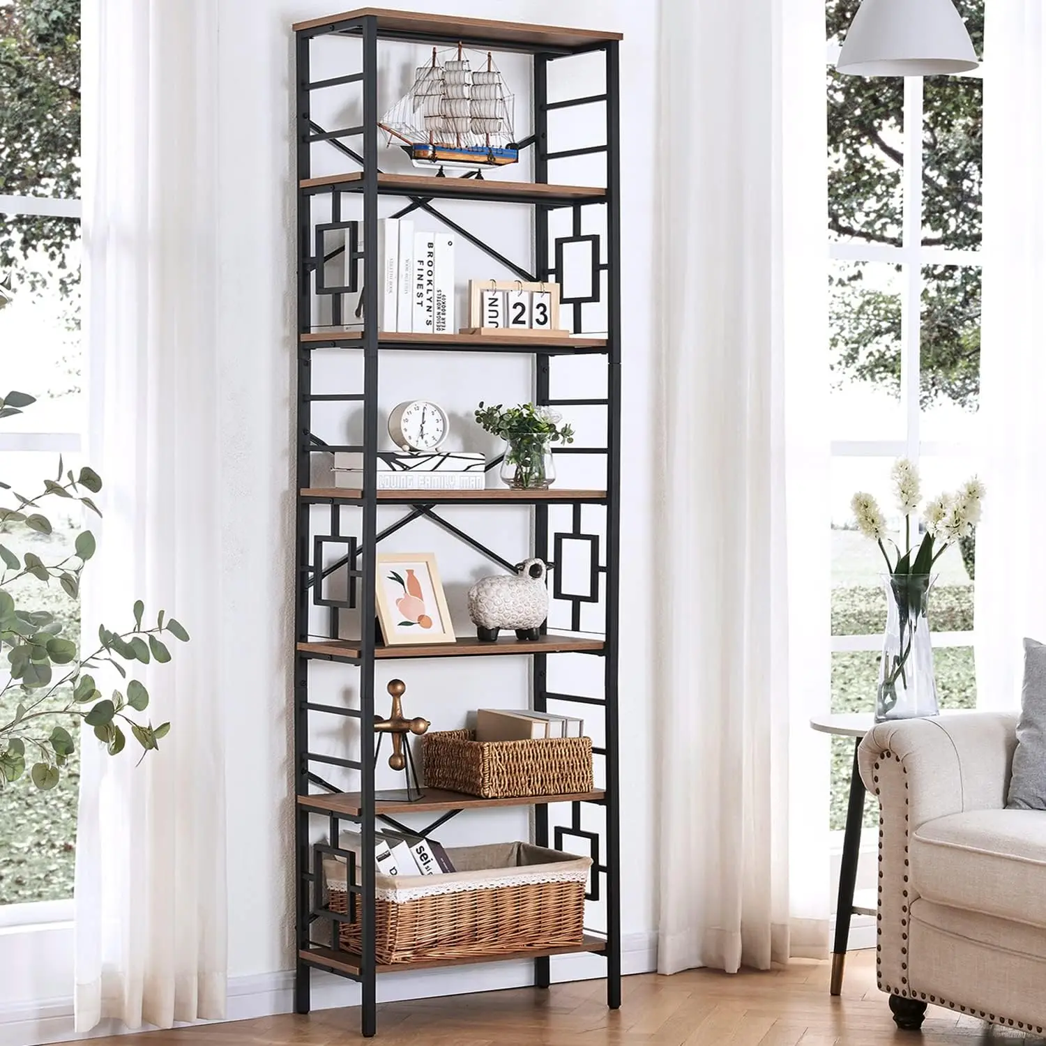 

HOMISSUE Bookcase,7-Tier Tall Bookshelf Metal Bookcase and Bookshelves, Free Standing Storage Modern Bookshelf , Rustic Brown