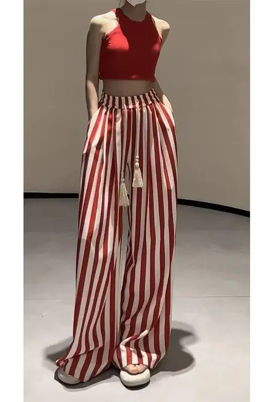 Spicy Girls' Premium Striped Wide Leg Pants Women's 2024 Summer Thin Loose Slim Straight Leg Casual Pants