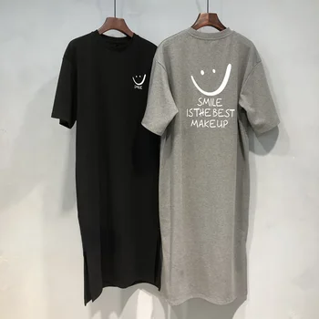 Versatile Preppy Style Short Sleeve Loose-fit Dress Side Slit Medium-length Printed Korean Style Women's T-shirt Dress