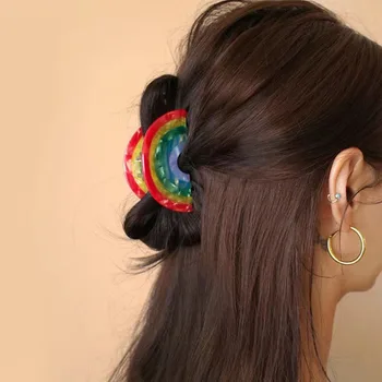귀여운 만화 반원 접합 레인보우 아세테이트 헤어 클로 클립, 상어 머리핀 쥬얼리 선물, 여성용 헤어 액세서리