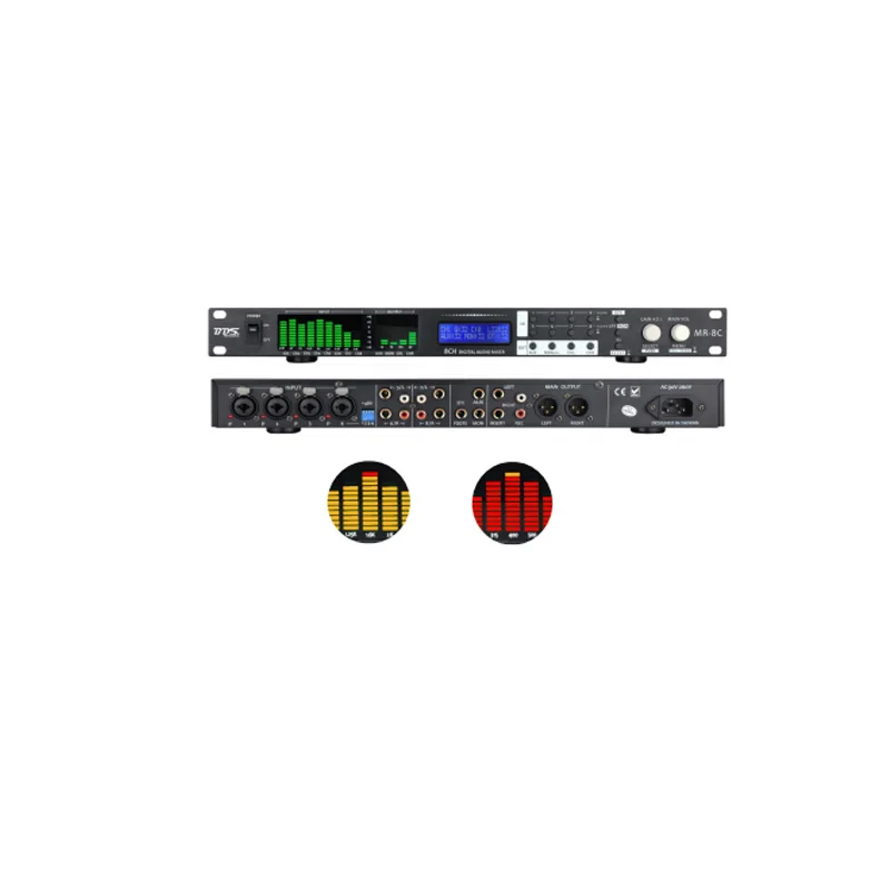 BDS MR-8C 1U 랙 디지털 8채널 믹서(효과 포함), 12-LED 스펙트럼, 8개 프리셋, 4개 XLR/2 RCA 입력, 스튜디오용 자동 전압 90V-260V
