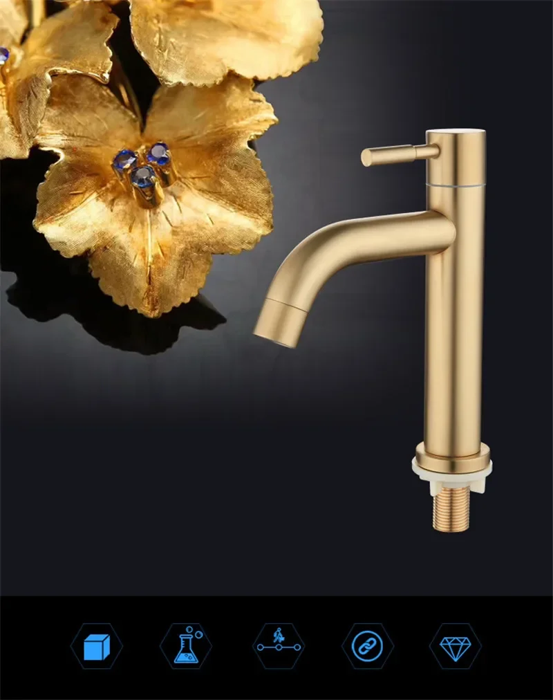 Description Picture 2 of itemGolden Cold Water Tap Stainless Steel Faucet Cold Water Bathroom Washbasin Faucet Tap Kitchen Bathroom Accessories High Quality