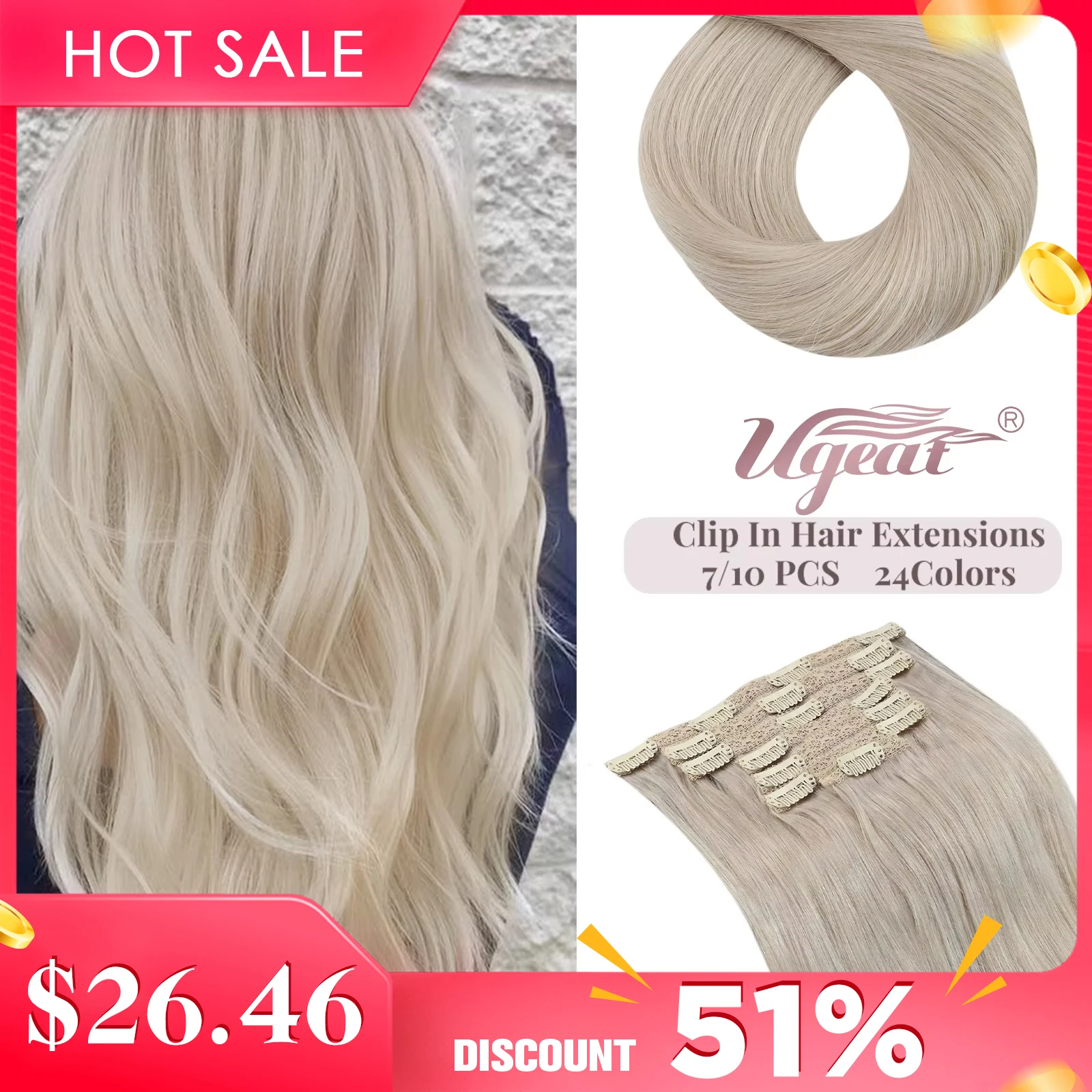 Human Hair Extensions Clip In 14-22" Double Weft Remy Full Head for Woman 7Pcs