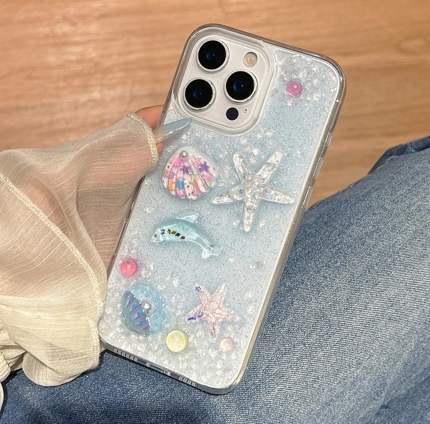 Glitter 3D Cute Phone Case with Bling Starfish Shockproof Protector Cover