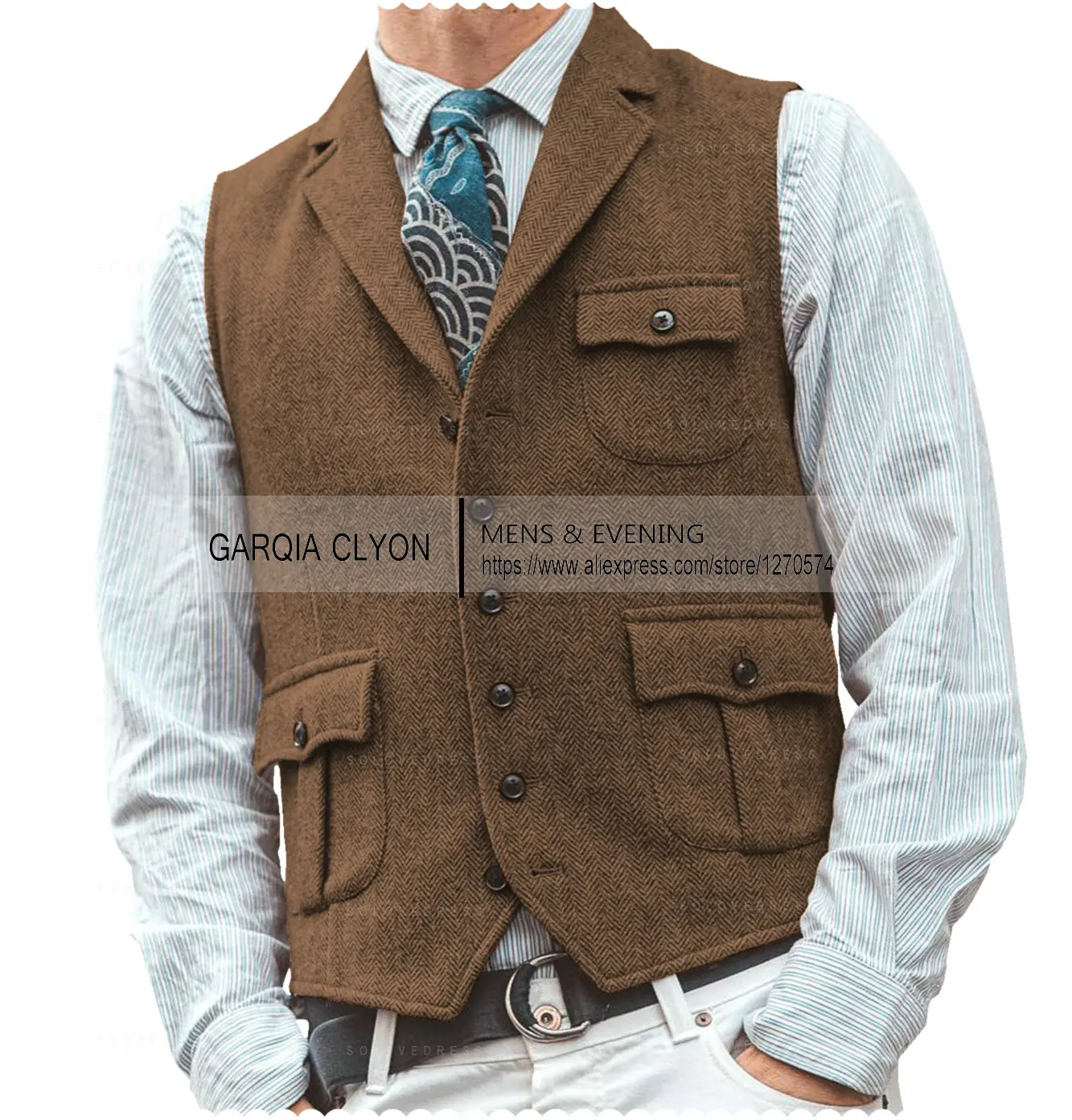 Lapel Men's Herringbone Farbic Men's Suits Vest Casual Business Men's Vest Single Breasted With Real Pocket For Groomsemen 4