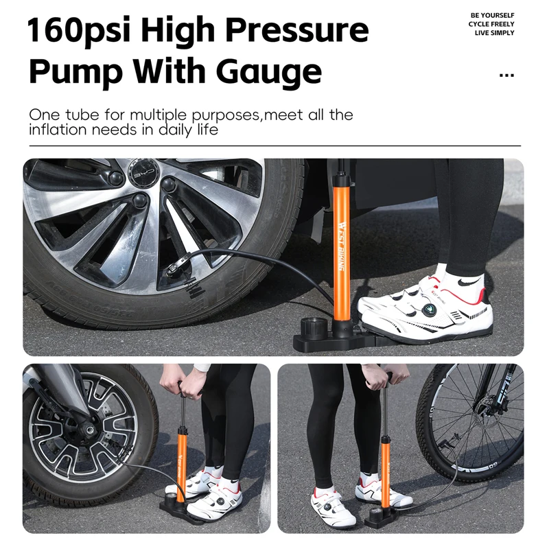 WEST BIKING 160PSI Bike Pump Portable Stainless Steel Floor Pump Presta&Schrader Valve Tire Inflator MTB Road Bike Accessories