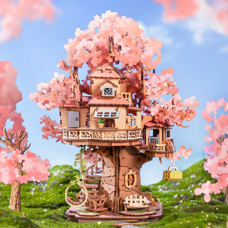 Robotime Rolife Sakura Tree House Model Kits 3D Wooden Puzzles Home Decor Gift Women Girls Boys for Adults 3