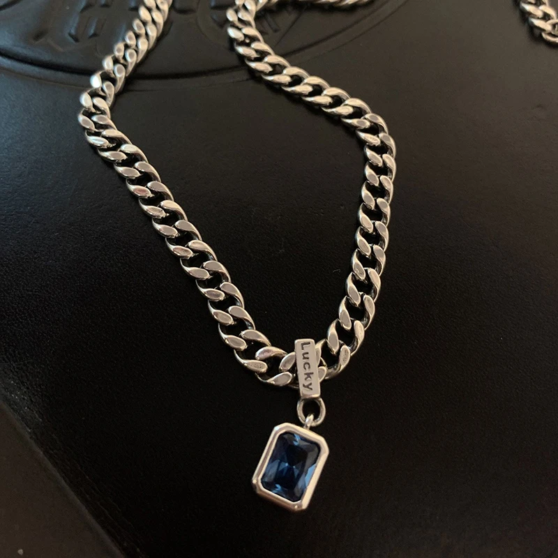 Silver Necklace 925 Sterling Square Blue Zirconia Cuban Type Choker Matching Party Gift Exquisite Women's Jewelry