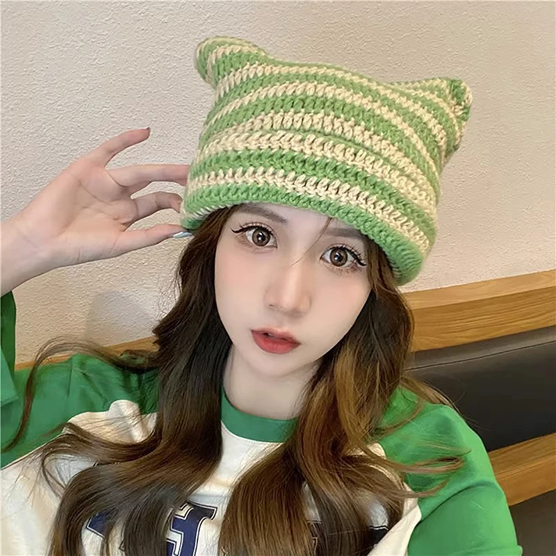 Beanie Hat Ins Devil Striped Knitted Wool Cap Autumn and Winter Crochet Cute Cat Ears Pointed Pullover Women\'s Hats