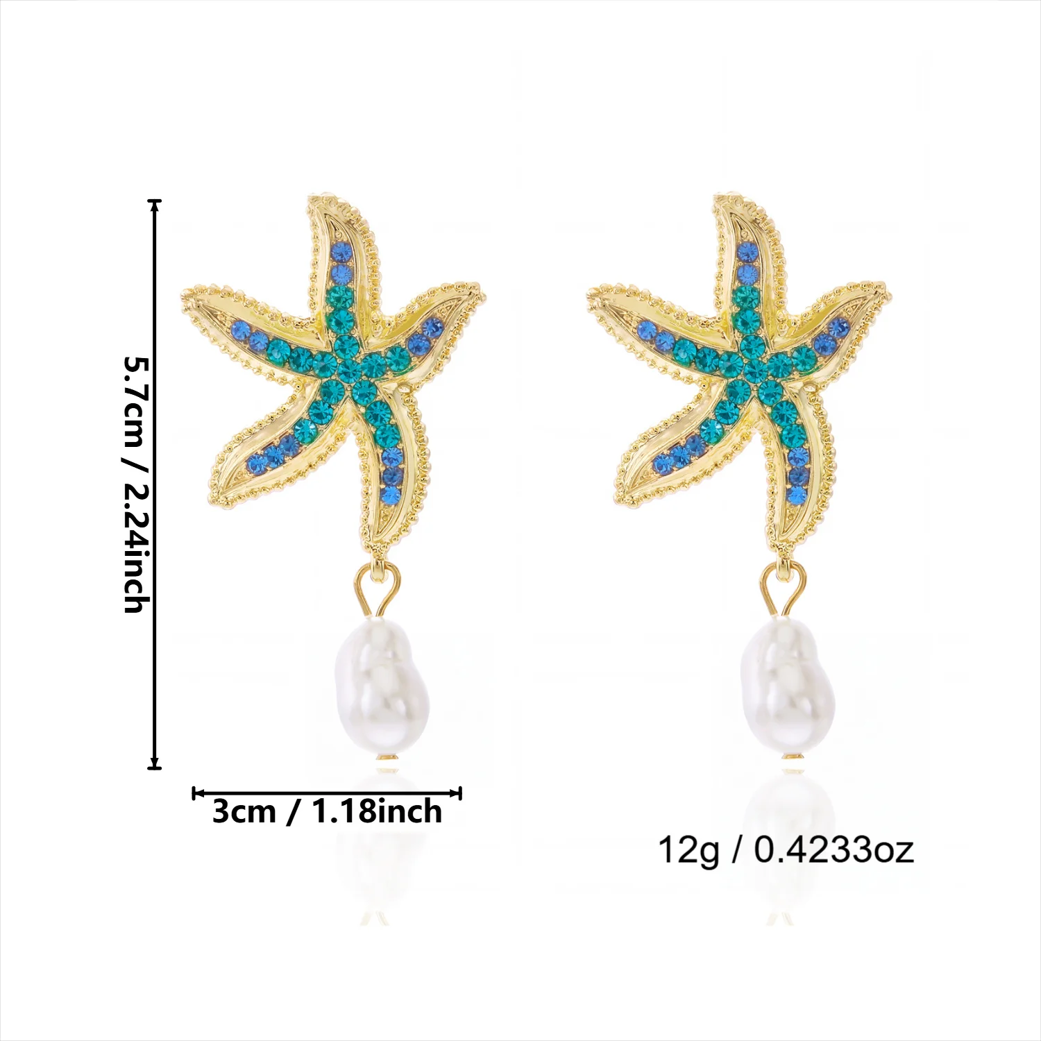 Trendige Barock-Imitationsperlen-Ohrhänger für Damen, Böhmische Blaue Strass-Seestern-Ohrstecker, Strand-Urlaubsschmuck – Detail 7