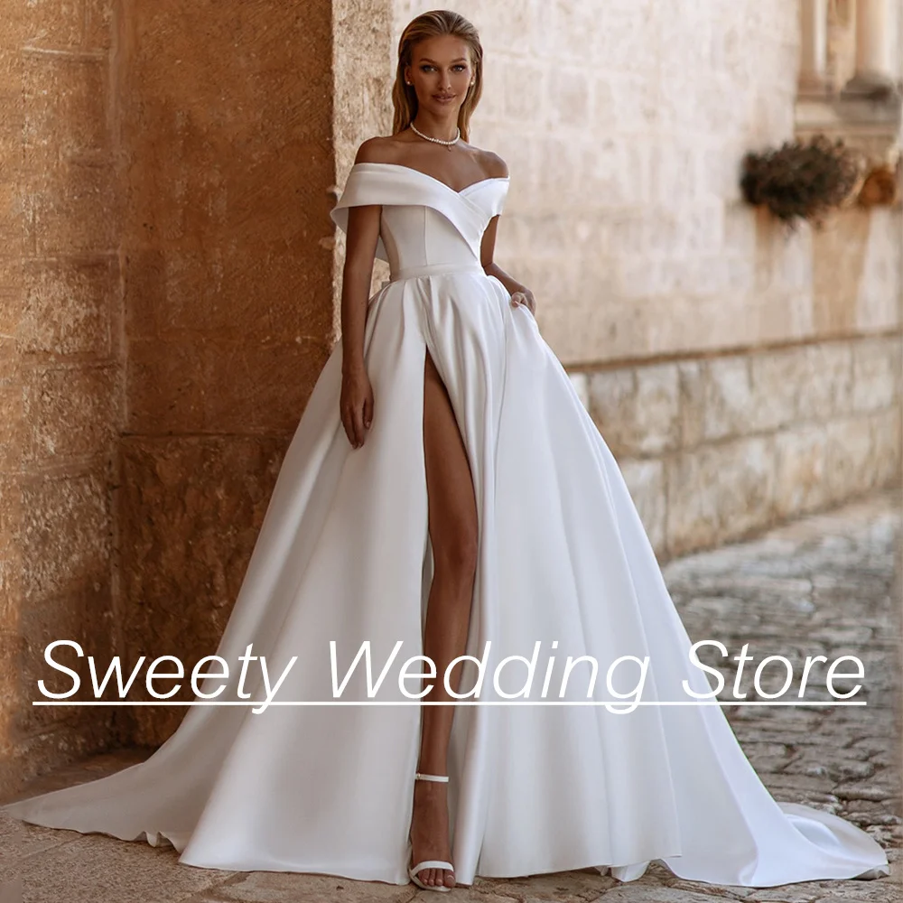 Wedding Dress V Neck Off Shoulder Split Sweep Train Corset Bridal Gown For Woman Bride Plus Size A Line Style