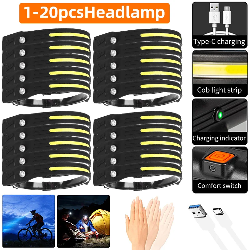 Head Flashlight COB Headlamp 1-20PCS Induction Headlamp COB LED Head Lamp USB Rechargeable Flashlight 4 Modes Lighting Work Head Torch For Fishing Lantern