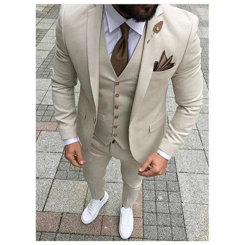Fashion High Quality Beige Mens Suits Smart Cusual 3 Piece Slim Fit Male Blazer Wedding Groom Tuxedos Costume Homme