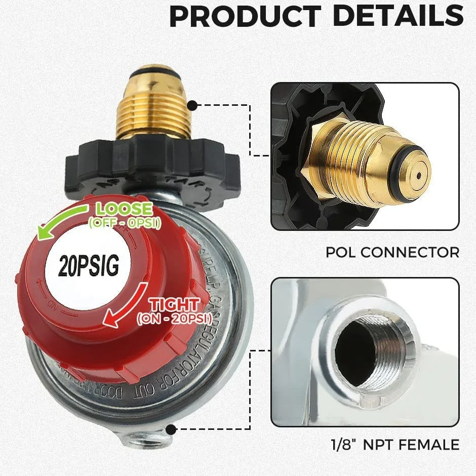 Adjustable 0-20PSI POL High Pressure Propane Regulator Valve Kit,1/4" NPT 3/8" Flare Male Fitting,5/16" 1/4" Hose Barb Connector