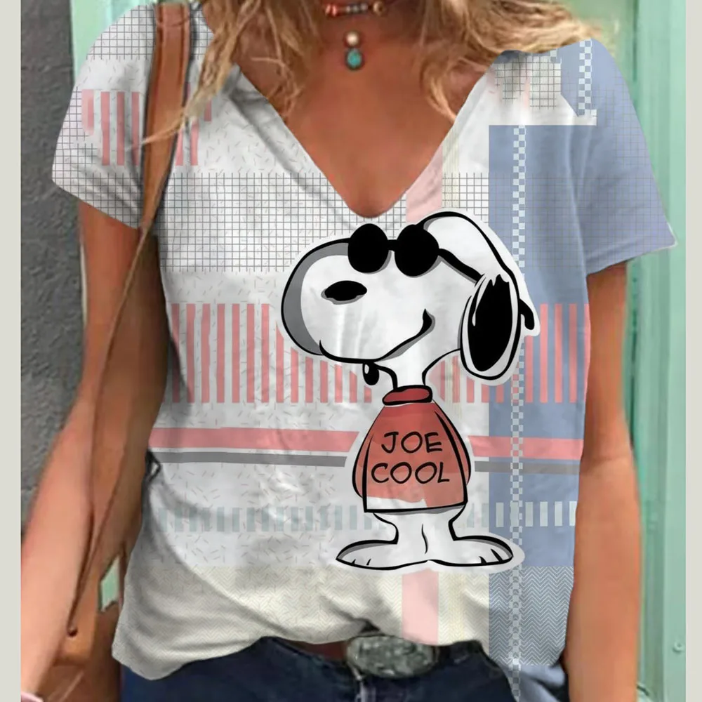 thumbnail image 1 of Camiseta de mujer, ropa Harajuku, camisetas con estampado de dibujos animados de Snoopy, camisetas de cuello en V, jersey de gran tamaño, blusa de manga corta, sudadera holgada, 1 of 5