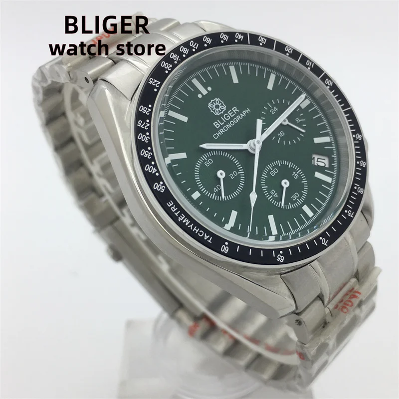 BLIGER Fashion 40mm quartz chronograph Business Sapphire Crystal Men's Watch VK63 Movement Date luminous dial steel strap