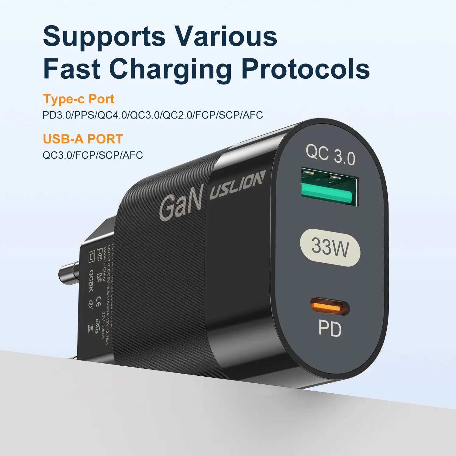 USLION GaN PD USB C 충전기, 아이폰 14, 13, 12 프로 맥스, 휴대폰 충전기, QC 3.0 PD 3.0, 아이패드 에어용, USB C 타입 고속 충전, 33W