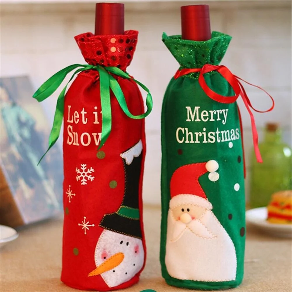Christmas Accessories Red Wine Bottle Cover Snowman/Santa Claus Decor Sequins 