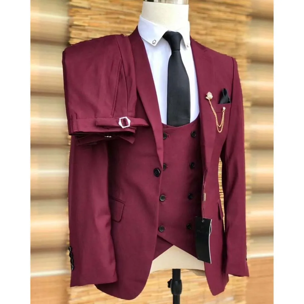 

Burgundy Slim Fit Men Suits Luxury Single Breatsed Peak Laple Male Cloting Casual 2 Piece Jacket Pants Formal Wedding Costume