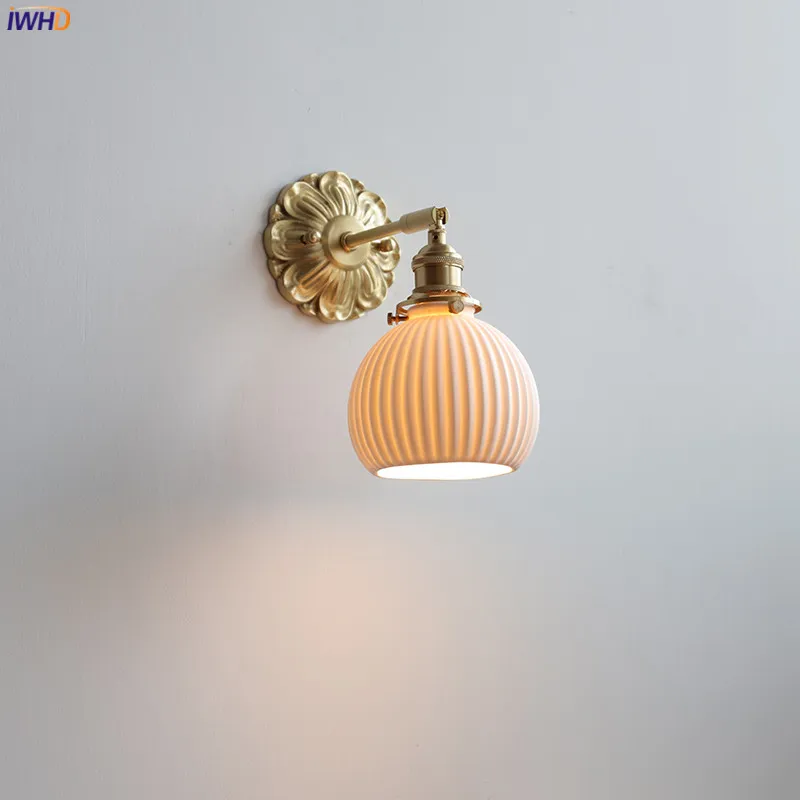 

IWHD White Ceramic LED Wall Light Fixtures For Living Room Bedroom Bathroom Beside Lamp Copper Plate Nordic Lamparas De Pared