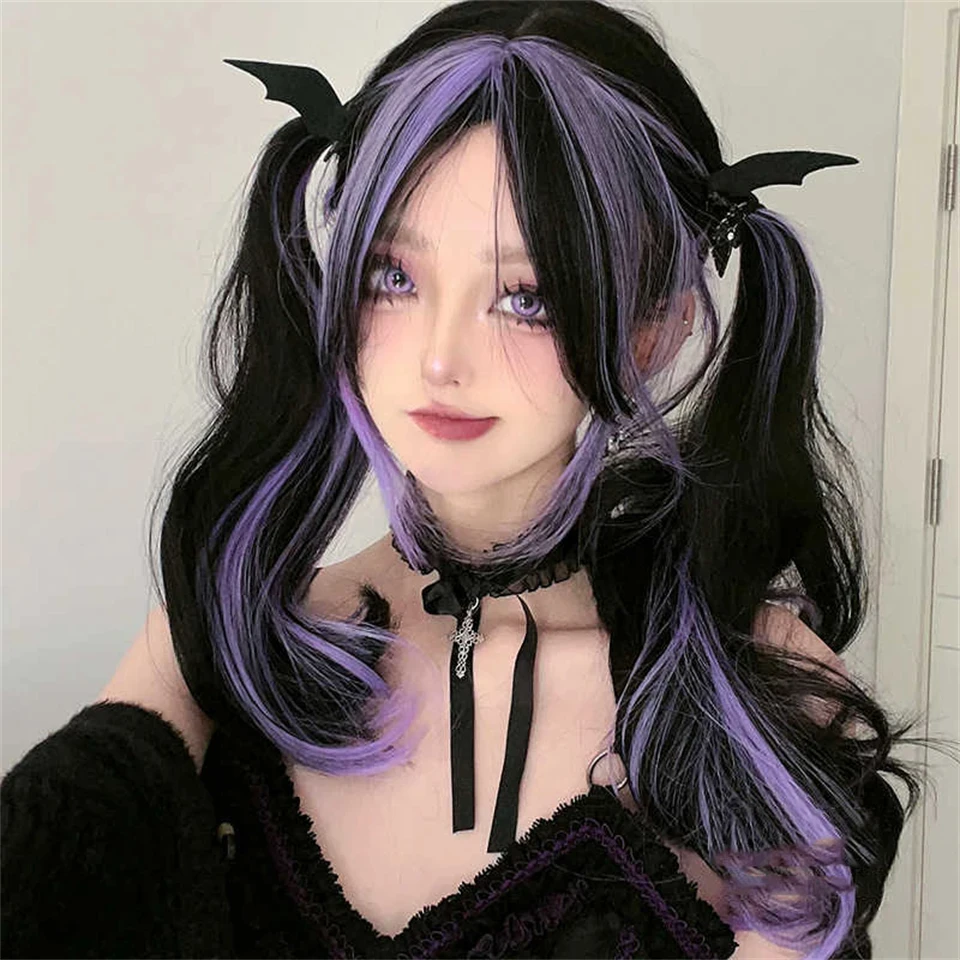 Synthetic Black Purple Long Wavy Wig for Women Cosplay Party