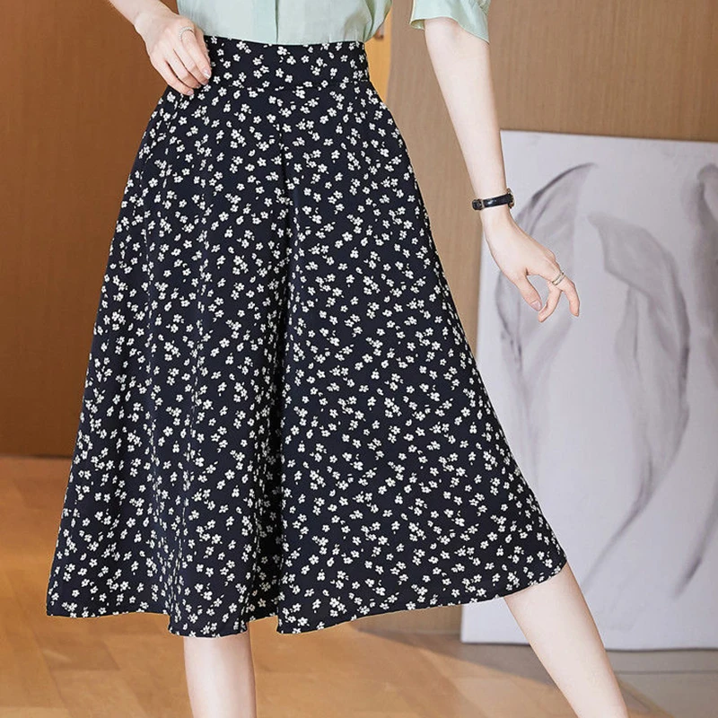 Elegant Elastic Printed Pockets Wide Leg Floral Pants Women's Clothing 2024 Summer New Loose Office Lady High Waist Capri Pants