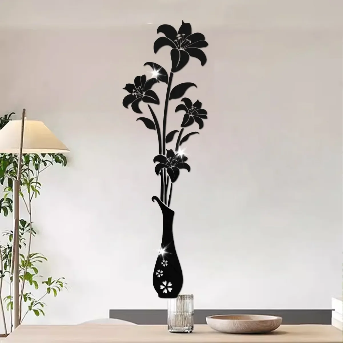 DIY Lily Flower Vase Acrylic Mirror Stickers For Room Decoration Vase 3D Flower Wall Decals Sticker Living Room Wall Home Decor wall sticker,mirror wall sticker,acrylic wall sticker