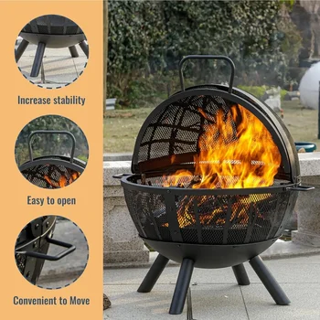 35 Inch Wood Burning Fire Pit with BBQ Grill, Heavy Duty Fire Pits Ball for Outside with Spark Screen & Removable Ash Pan, Outdo 6