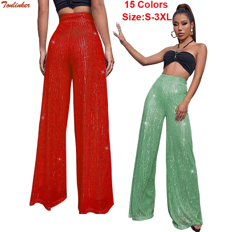 15 Colors Fashion Sequin Wide Leg Pants Black Red Blue Korean Style Women Trousers High Waist Loose Mopping Long Pants S-3XL