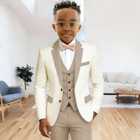 Ensemble de costume formel ivoire pour garçon, 3 pièces (veste + gilet + pantalon), revers cranté, smoking pour enfants de 2 à 16 ans, pour mariage, bal de promo, fête 3