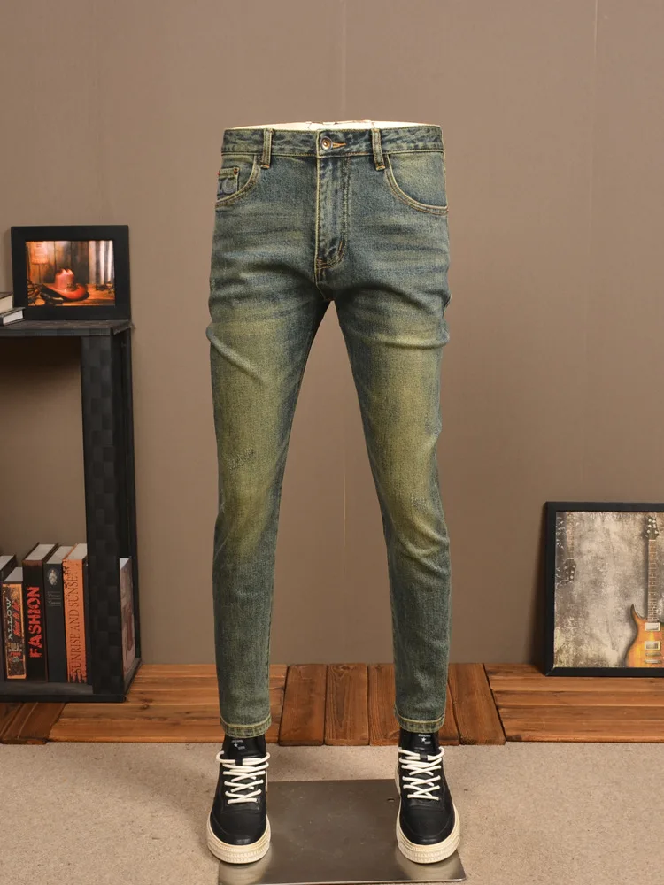 2024 Spring Retro Worn Jeans Men's Tight Stretch High Street Washed Yellow Mud Color Skinny Men's Clothing Retro Pants