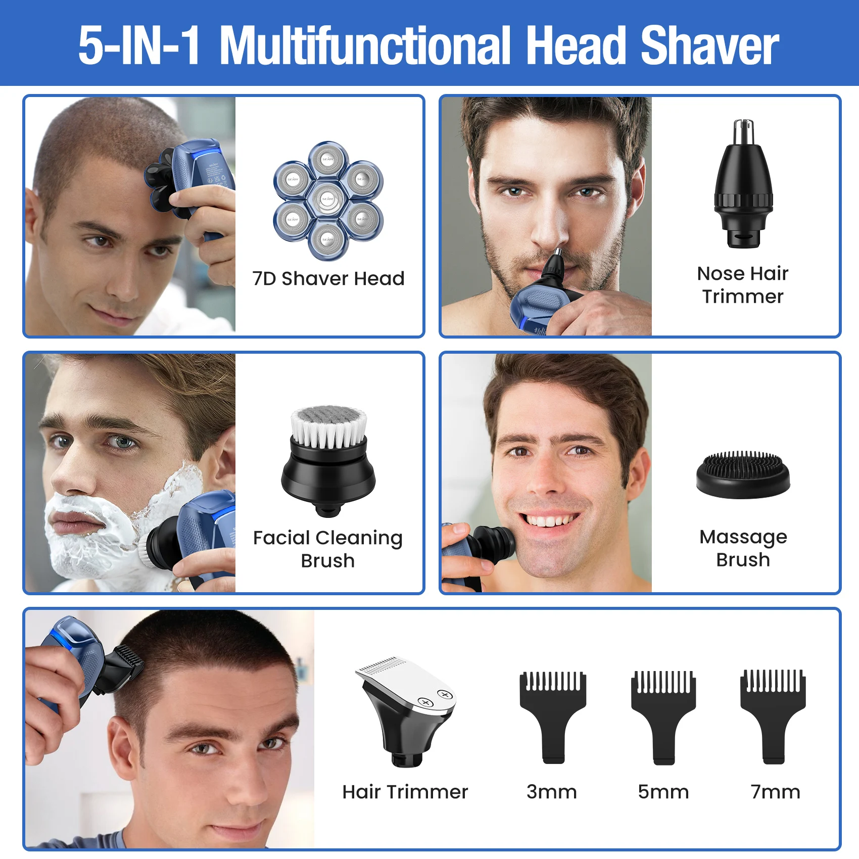Men's Electric Head Shaver Razor Rechargeable Cordless Hair Shaving Razors For Bald Man 5 In 1 Waterproof Wet Dry Beard Trimmer 6