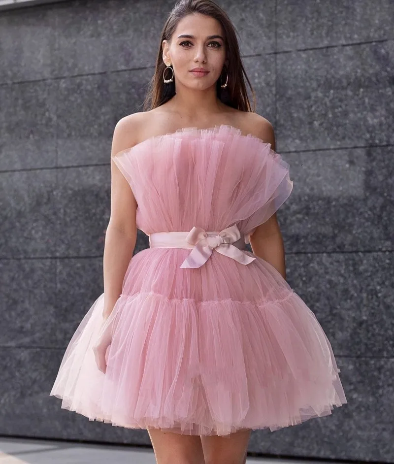 

Pink Tulle A Line Short Prom Dresses Pleats Mini Formal Homecoming Party Gowns Custom Made Vestidos Festa Robes De Soirée