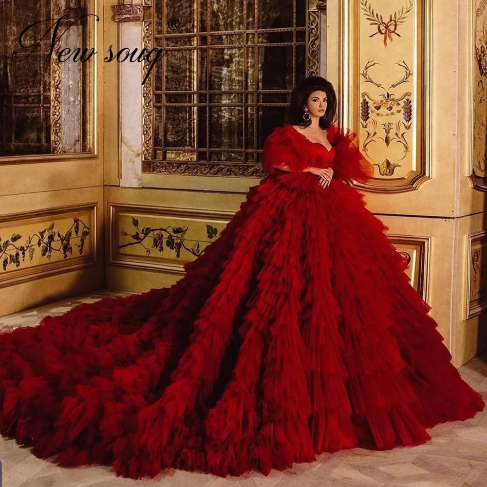 

Luxury Red Tiered Evening Dresses Arabic Dubai Long Train Cap Sleeve Prom Dress For Wedding Party Night 2022 Robes Pageant Gowns