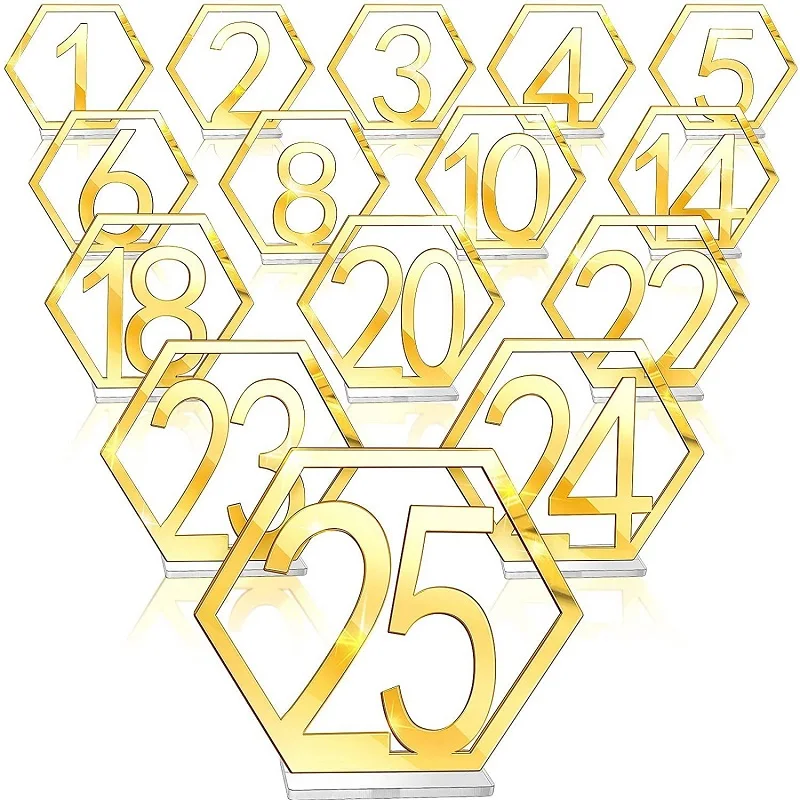Numbers 1-40 Seats Card Acrylic Mirror Gold Silver Hexagon Hollow Bar Cafe Wedding Table Card Banquet Display