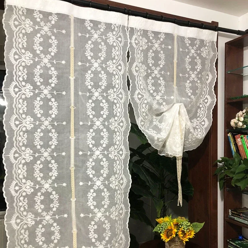 

Sector Embroidery Nice Short Curtains Wavy Lace Jacquard Weave Pull Up and Down Curtain Hotel Home Decoration Floating Curtains