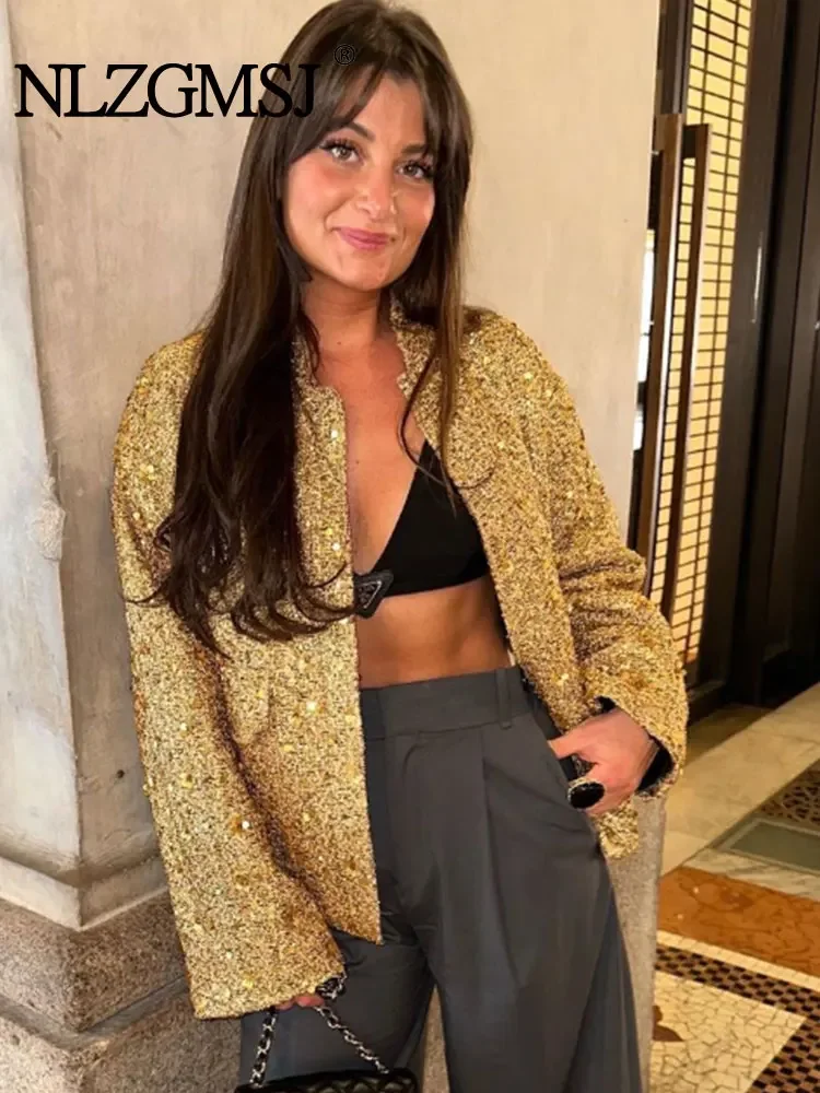 

Nlzgmsj TRAF Fashion Sequin Woven Jacket For Women Loose Stand Collar Coat Gold Color 2023 Autumn Winter Chic Female Streetwear