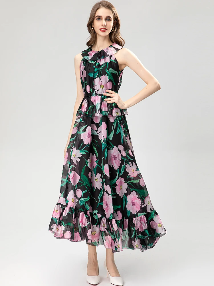 

MoaaYina 2023 Fashion Designer Summer Holiday Black Dress Women's Sleeveless Elegant Floral print Vacation Party Dresses