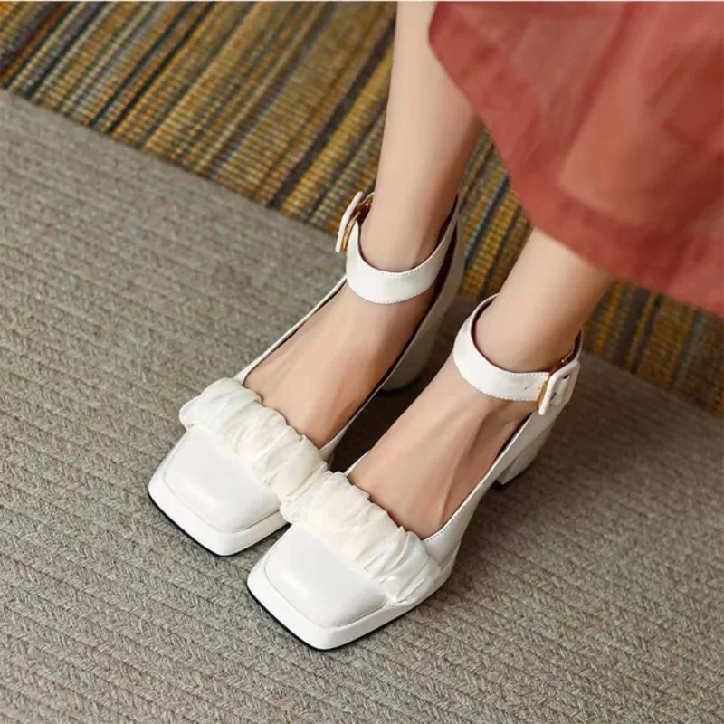 2023 Women's Shoes Mary Janes Women's High Heels Ankle-wrap Party Pumps Women Buckle Strap Square Toe Chunky Heel Female Shoes