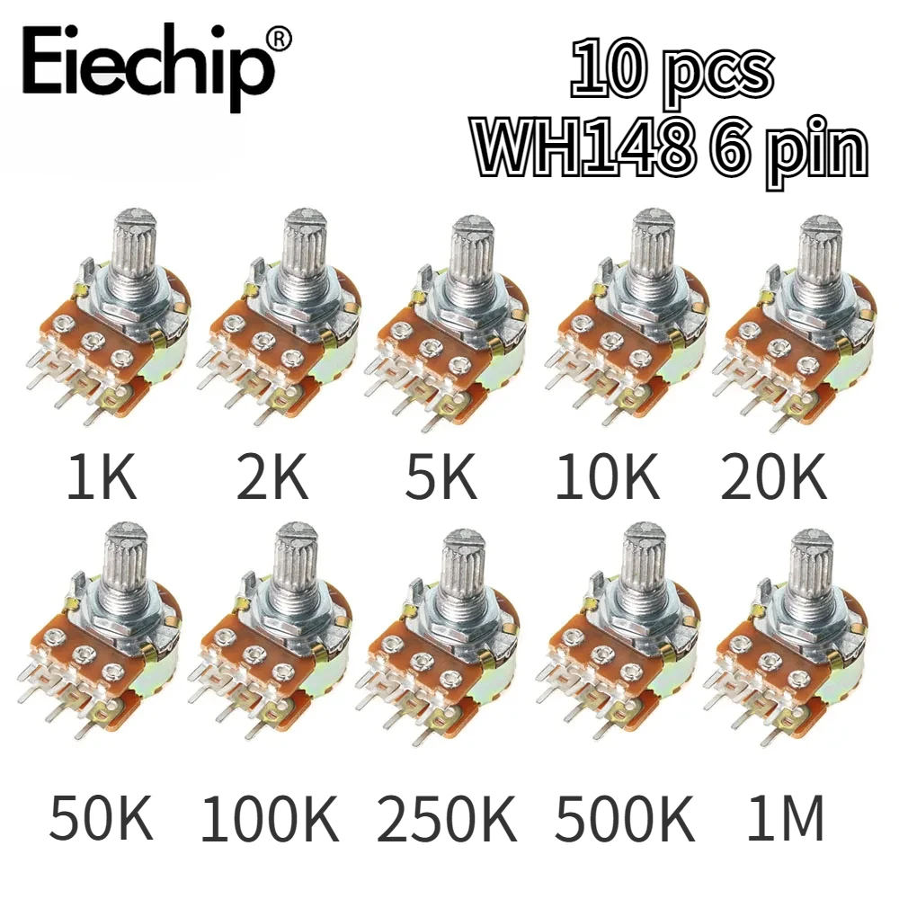 Potentiometer Kit 10PCS WH148 6Pin 15mm Shaft with Nuts and Washers Linear Potentiometers B1K-B1M