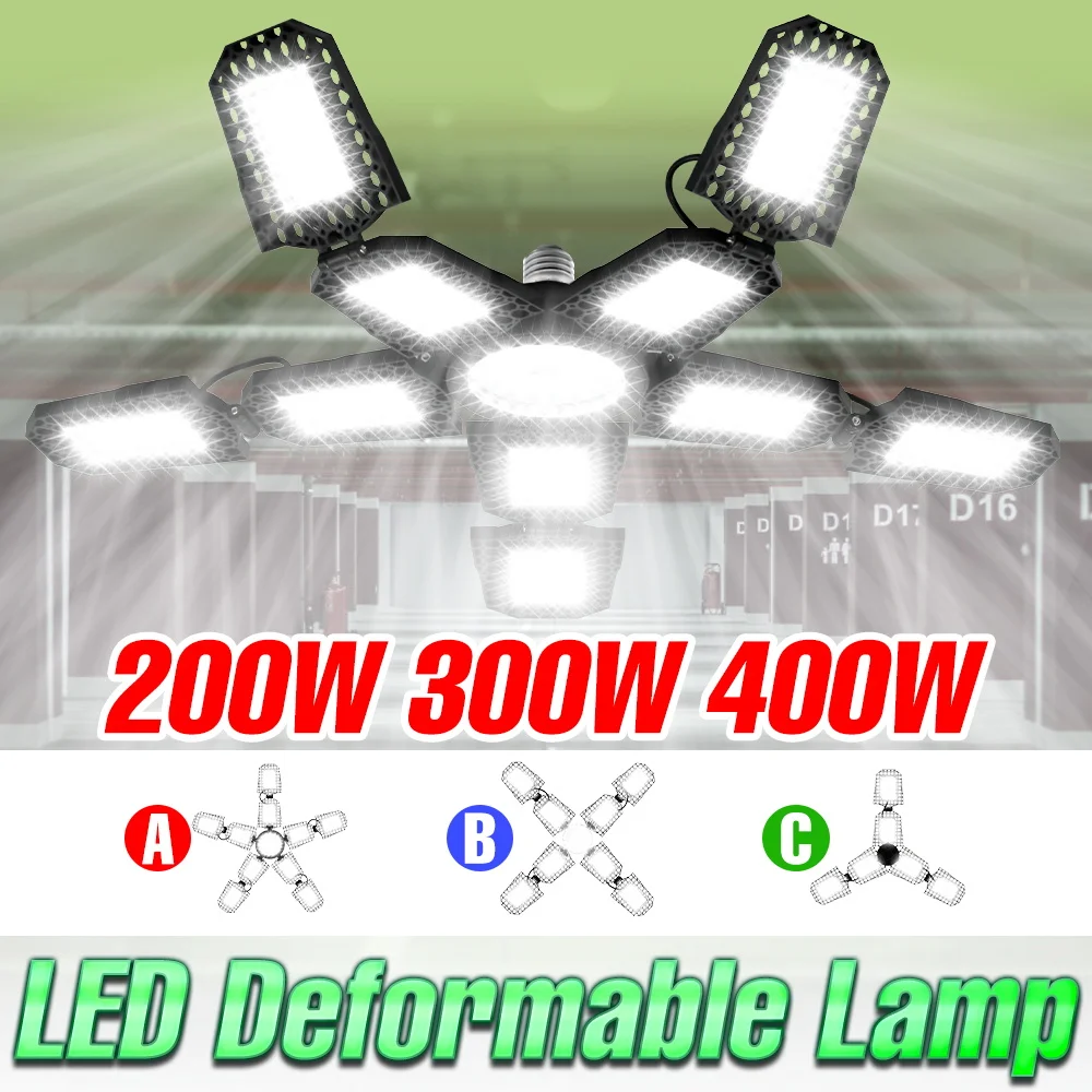 หลอดไฟ LED สำหรับโรงงาน 400W ขั้ว E27/E26 หลอดไฟโรงรถแบบปรับรูปทรงได้ 220V ไฟสปอตไลท์พับได้ 110V สำหรับคลังสินค้า ห้องใต้ดิน ให้แสงสว่างพื้นที่ขนาดใหญ่ 1