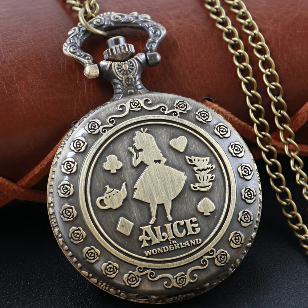 Vintage Fairy Tales Steampunk Quartz Pocket Watch Bronze Case Necklace Pendant Clock Chain Men's and Women's Christmas Gift