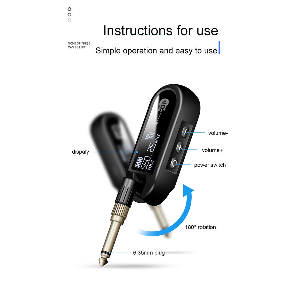 Wireless Guitar System Rechargeable Guitar Transmitter Receiver Set UHF Adjustable Volume for 6.35mm and 3.5mm