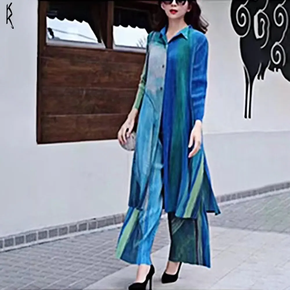 

Miyake Pleated Set Two Piece 2024 Summer New Print Top+Versatile Pleated Wide Leg Pants Temperament Elegant Women's Clothing