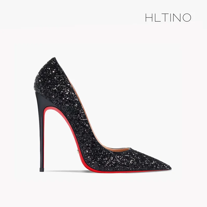 12cm Sexy Black Evening Pumps Women Spring Autumn High Heels for Party Dress  Luxury Red Bottom Shoes Sequins