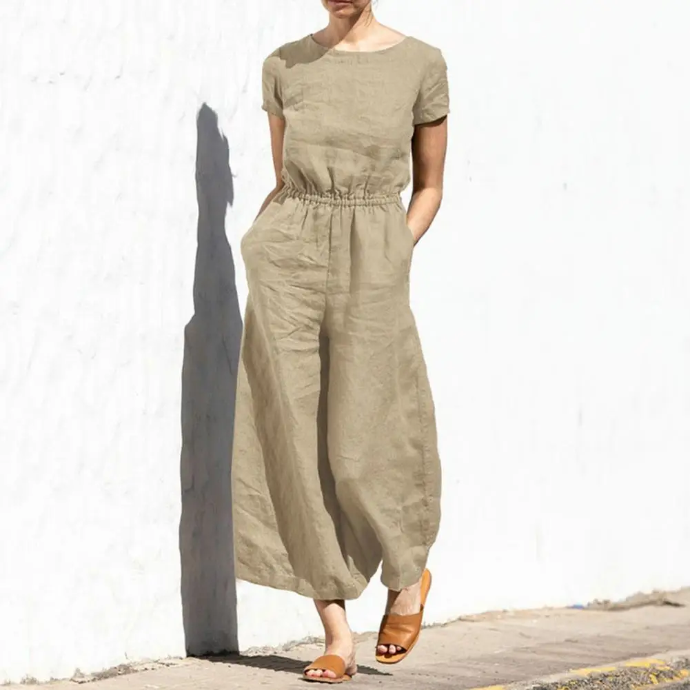 

Stylish Back Button Lady Wide Leg Jumpsuit Short Sleeves Dating Shopping Traveling Women Wide Leg Jumpsuit Streetwear