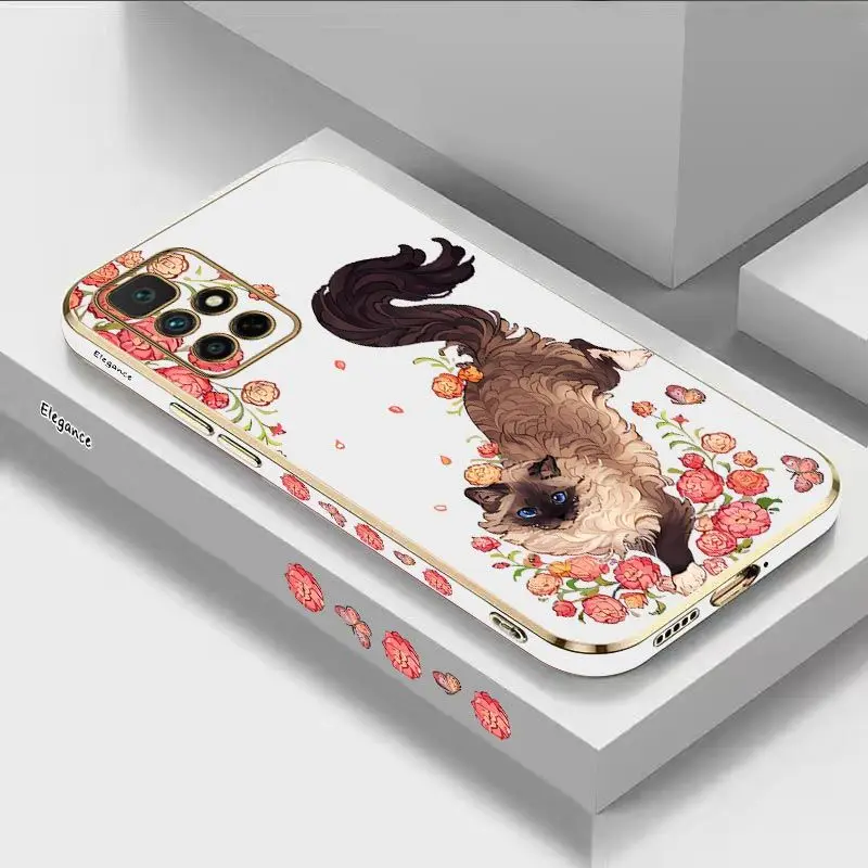 

Cat In The Flowers Luxury Plating Phone Case For Xiaomi Redmi 10 12C 10C 10A 9 9T 9A A1 9C Cover