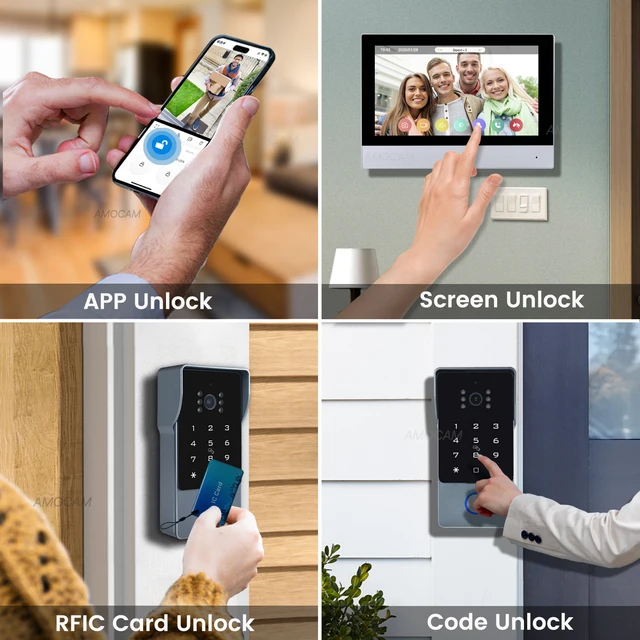 2 Wires Video Intercom System, 7“ Wireless WIFI Monitor 1080P Doorphone Camera Video Doorbell Code Password IC Card Tuya Unlock 3
